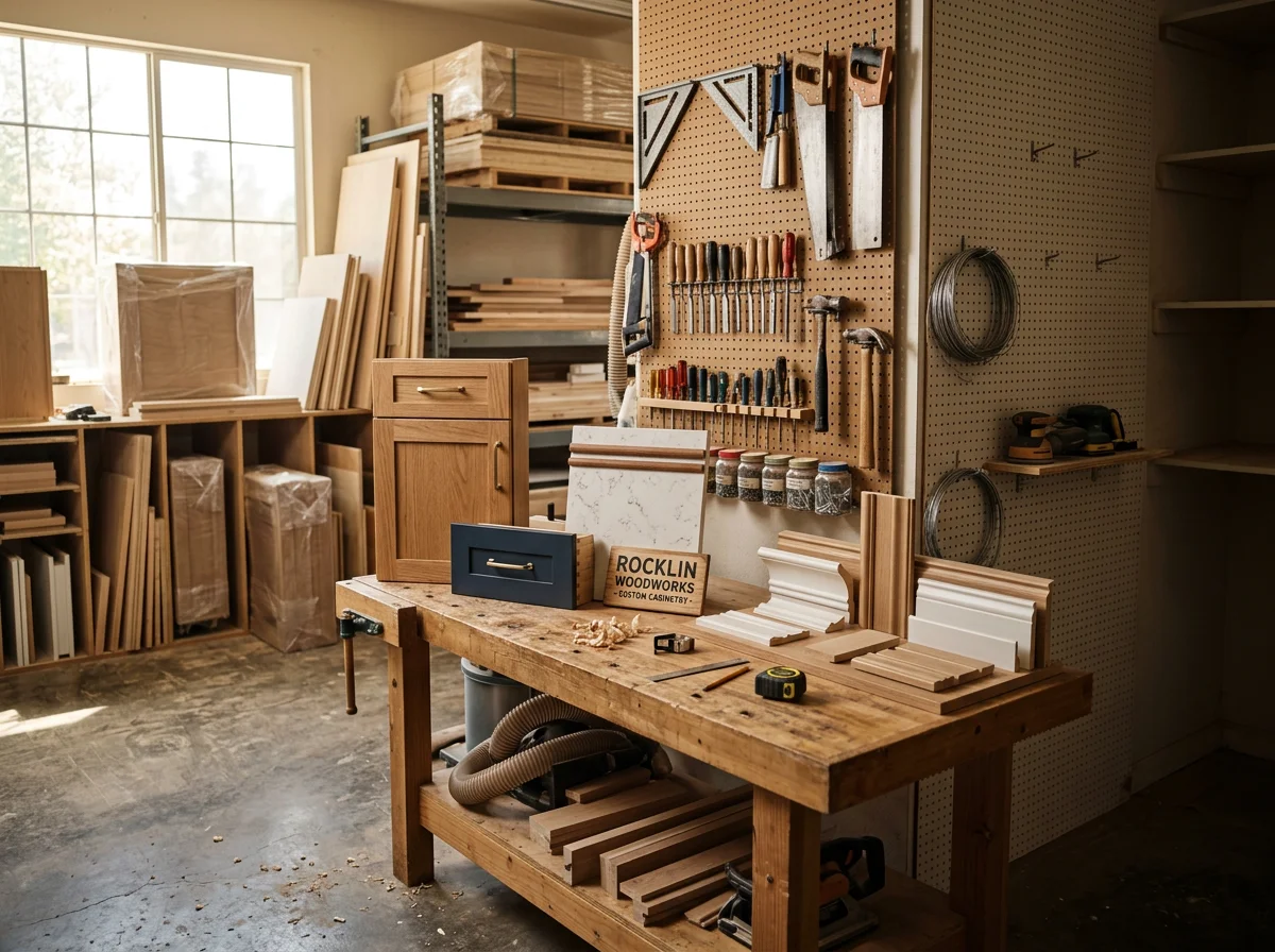 Construction workshop with tools, cabinetry samples, and finished carpentry details on display.
