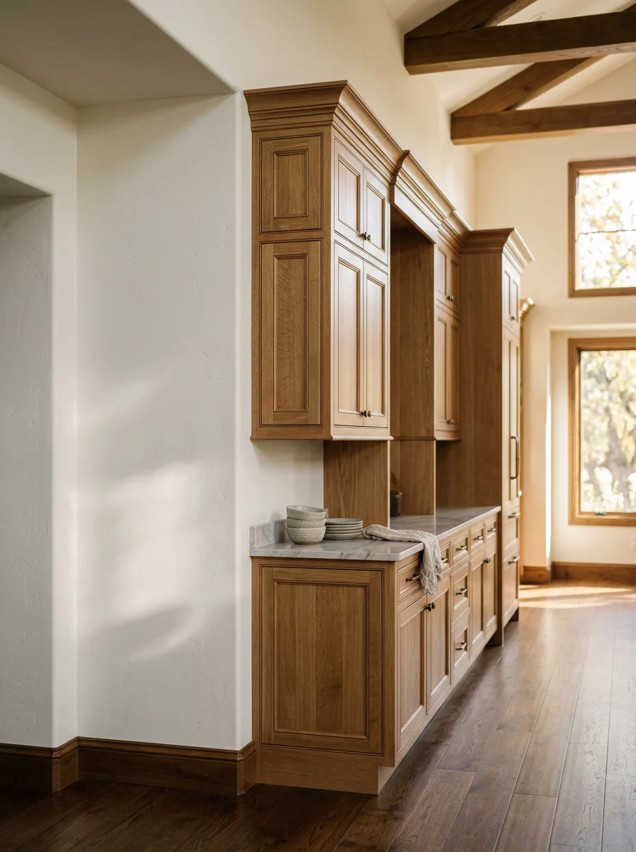Custom built-in shelving and cabinetry in an El Dorado Hills, CA home with high ceilings, showing proportional trim details and fitted cabinet doors designed for a large room.
