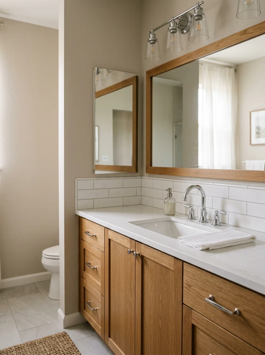 A remodeled bathroom in a Folsom, CA home with new custom vanity cabinetry, updated tile, and finish trim details, replacing the original production-builder fixtures and tile.