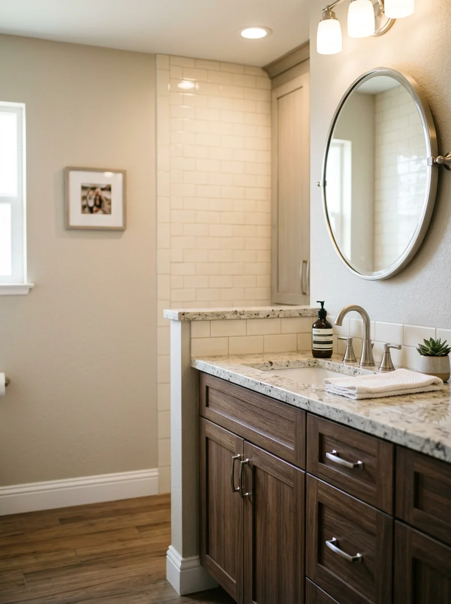 A remodeled bathroom in a Lincoln, CA home featuring new tile, a custom vanity with quality cabinetry, and updated trim, replacing original production-builder finishes.