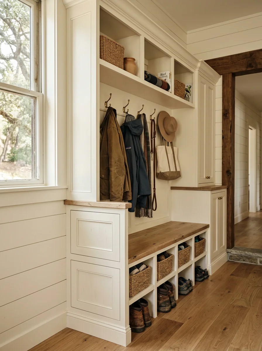 Custom built-in mudroom storage with painted cabinetry and detailed trim in a Loomis, CA home, showing fitted cabinet bases, hooks, and shelving designed for a semi-rural property.