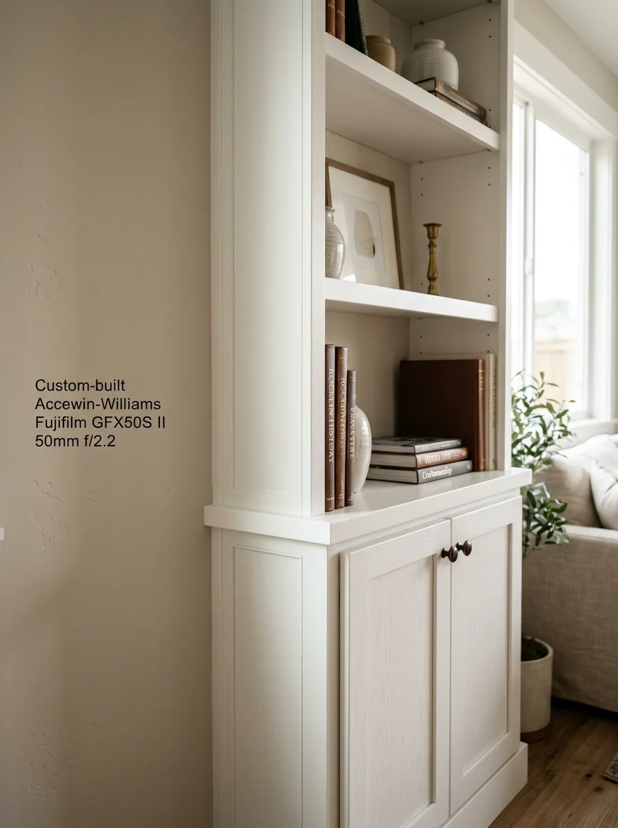 Close-up of custom built-in shelving with detailed finish carpentry in a Rocklin, CA home interior, showing clean painted trim and fitted cabinet faces.
