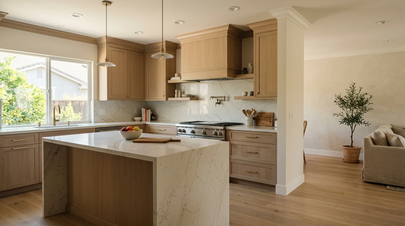 A newly remodeled kitchen in a Rocklin, CA home featuring custom cabinetry, a large island, and finish carpentry details on the surrounding trim and crown molding.