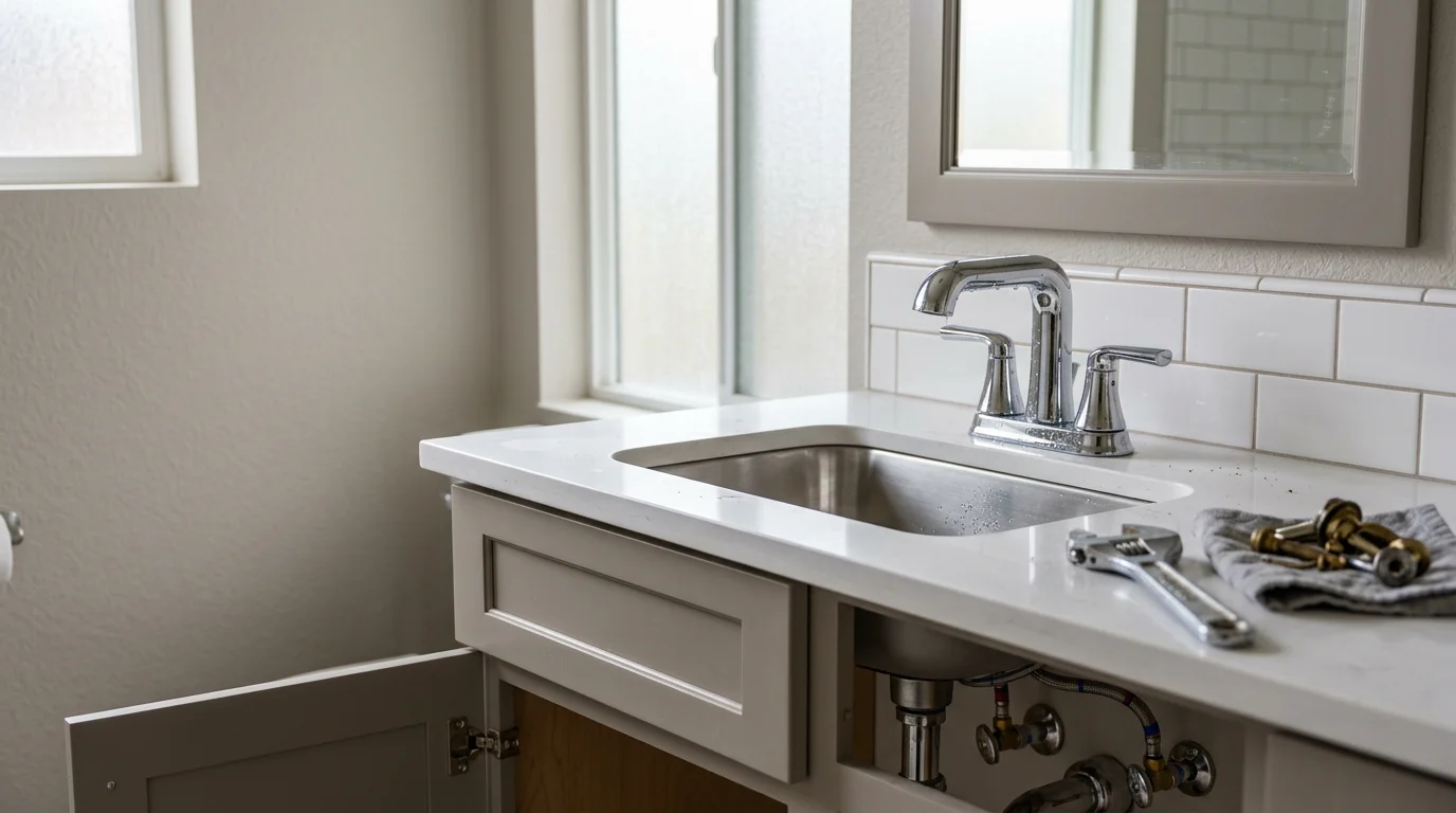 A newly installed bathroom faucet and sink fixture in a Rocklin, CA home, showing clean supply line connections and a finished chrome finish against a white vanity top. The surrounding countertop and cabinetry are undamaged and ready for daily use.