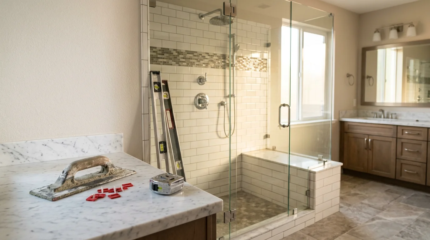 Completed bathroom remodel in a Rocklin, CA home featuring a walk-in glass shower, double vanity with custom cabinetry, and large-format tile flooring. The space reflects a full gut renovation typical of Sierra Edge Construction projects across the greater Sacramento area.