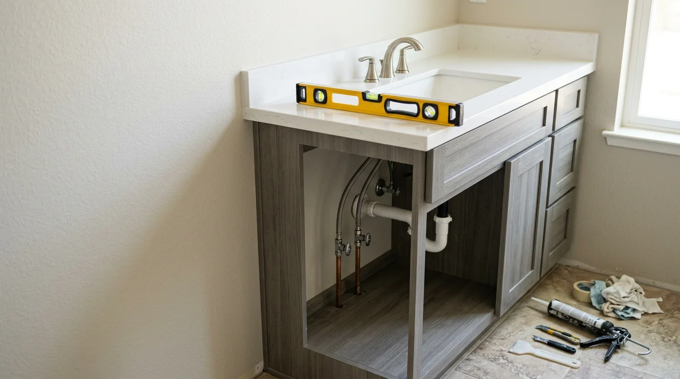 A newly installed bathroom vanity with a mounted sink and clean cabinet base in a Rocklin, CA home. The vanity sits flush against a freshly prepared wall with properly connected supply lines visible beneath the cabinet.