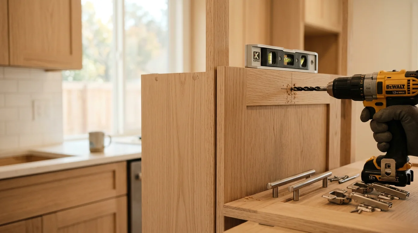 Close-up of newly installed cabinet pulls on white shaker-style kitchen cabinet doors in a Rocklin, CA home. Evenly spaced hardware runs consistently across upper and lower cabinet fronts with no visible misalignment.