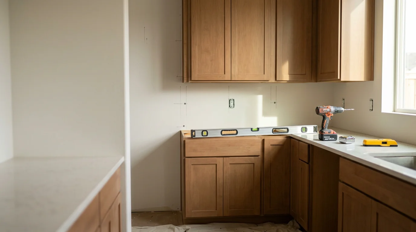 Newly installed kitchen cabinets in a Rocklin, CA home, showing upper and lower cabinet runs secured flush against the wall with consistent alignment and level doors. The installation reflects the open-concept kitchen layout common in Placer County single-family homes.