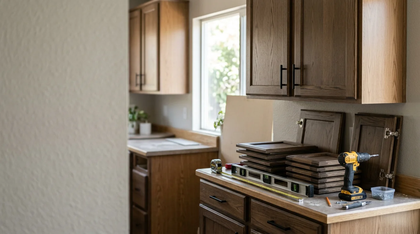 Refaced kitchen cabinets in a Rocklin, CA home showing new door fronts and updated drawer panels installed over the original cabinet box structure. The finished kitchen features a clean, modern appearance with the existing layout preserved.