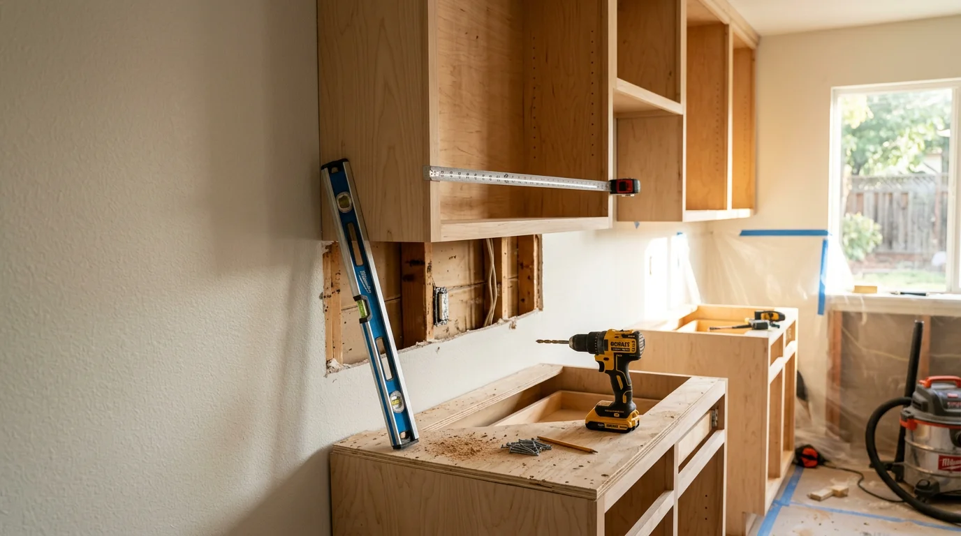 Newly installed kitchen cabinets in a Rocklin, CA home, showing clean cabinet boxes with updated storage layout replacing older builder-grade cabinetry. The kitchen features a practical configuration suited to a single-story residential home in the Placer County foothills area.