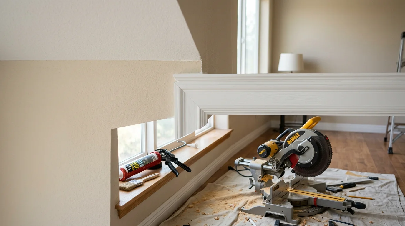 Freshly installed white crown molding running along the ceiling line of a Rocklin home living room, showing tight mitered corners and a smooth, paint-ready surface. The trim frames the ceiling cleanly against neutral-painted walls in a single-story residential interior.