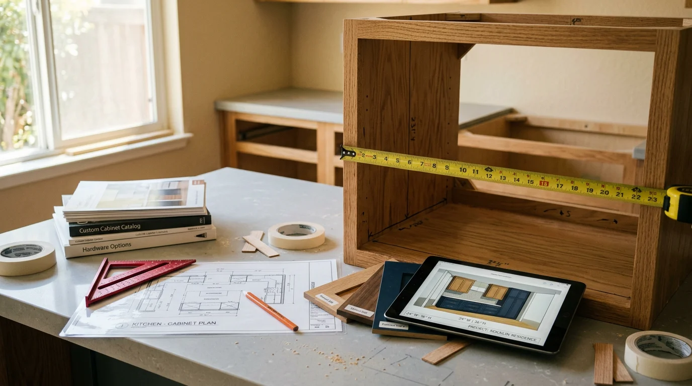 Custom kitchen cabinet design layout in a Rocklin, CA home, showing floor-to-ceiling cabinetry planned to fit an open-concept kitchen with varied ceiling height. Sierra Edge Construction custom cabinet design serving Rocklin and Placer County homeowners.