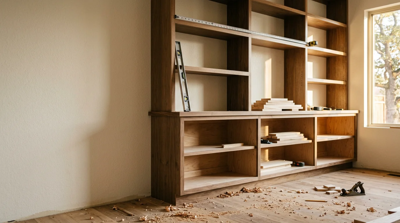 A floor-to-ceiling custom built-in bookcase with integrated cabinets installed along a living room wall in a Rocklin, CA home. The piece features painted wood construction with adjustable shelving and recessed base detail that aligns with the room's existing baseboard trim.