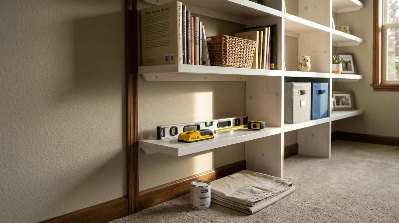Finished custom wood shelving installation built floor to ceiling along a wall inside a Rocklin, CA home, with evenly spaced shelves anchored flush to the wall. The shelving spans a home office alcove with clean trim details matching the surrounding interior.