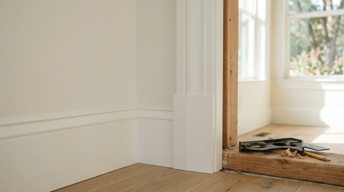 Freshly installed white baseboard and door casing trim in a Rocklin, CA home interior, showing tight miter corners and a clean painted finish. The trim runs along a neutral-painted wall with consistent reveals around a interior door frame.