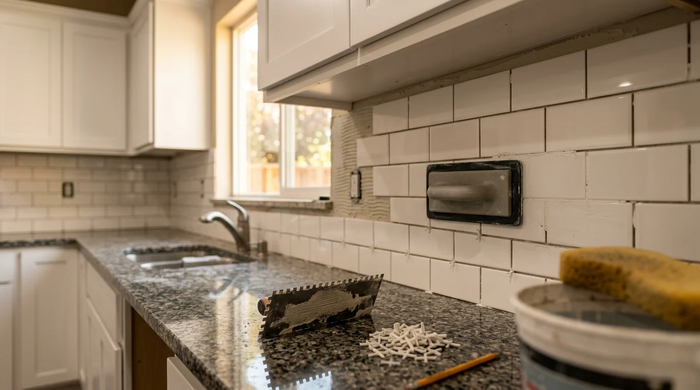 Freshly installed tile kitchen backsplash in a Rocklin, CA home, showing consistent grout lines and tile set between upper cabinets and a stone countertop. The backsplash runs full height behind the range, with clean cuts around outlets and cabinet edges.