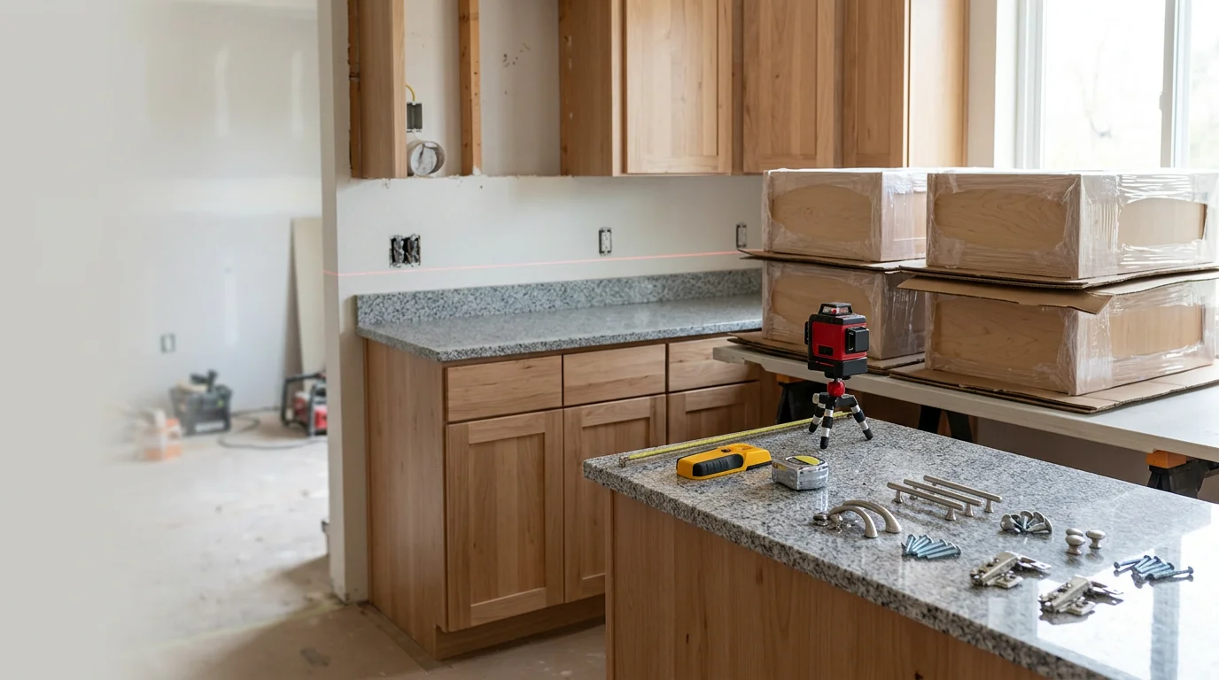 Newly installed kitchen cabinets in a Rocklin, CA home, showing aligned upper and lower cabinet runs with consistent door gaps and hardware. The kitchen features a clean layout suited to the open-concept floor plans common in the Sacramento foothills area.