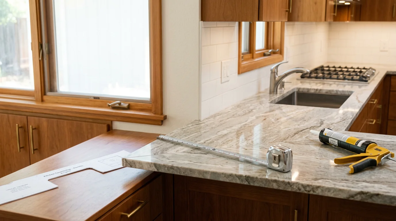 Newly installed kitchen countertop in a Rocklin, CA subdivision home, showing a clean seam at the sink cutout and flush fit against the cabinet run. The surface extends to a corner junction with consistent overhang along the cabinet edge.