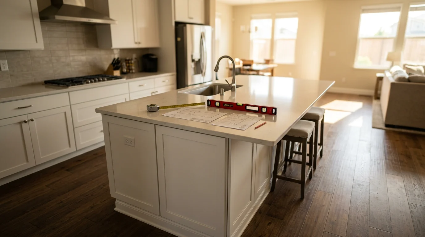 Newly installed custom kitchen island with seating and built-in storage in an open-concept Rocklin, CA home. The island features a countertop overhang for bar stools and matches the surrounding cabinetry installed by Sierra Edge Construction.