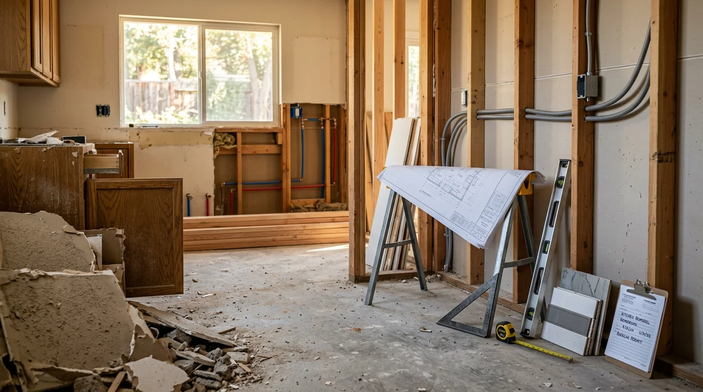 A fully remodeled kitchen in a Rocklin, CA home showing an open layout with updated cabinetry, new flooring, and recessed lighting. The space reflects a structural wall removal that connects the kitchen to the adjacent living area.