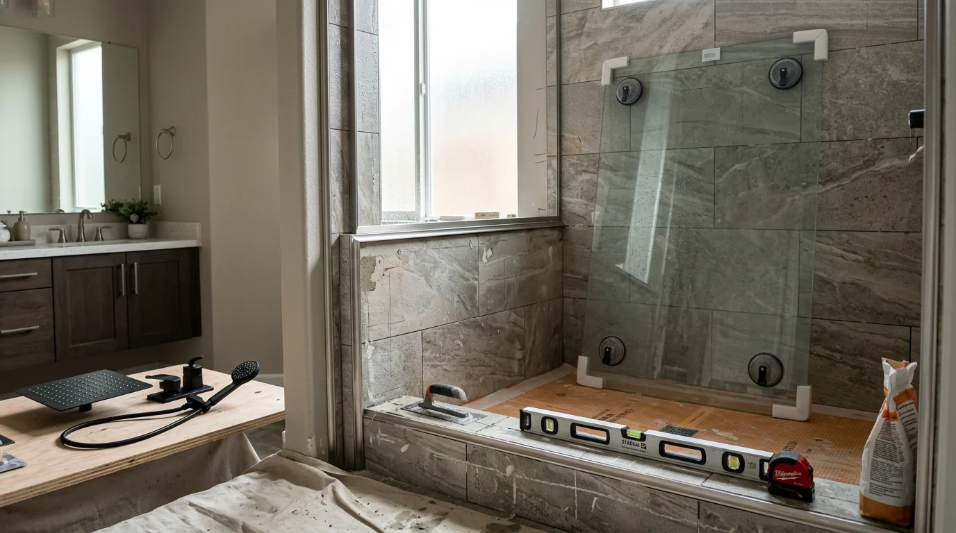 A newly installed curbless walk-in shower in a Rocklin, CA home, featuring a frameless glass enclosure and tiled walls. The finished shower replaces a builder-grade tub-and-surround in a primary bathroom.